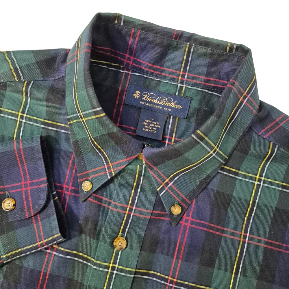 Brooks Brothers Shirt Mens Large Green Plaid Cotton Non-Iron Preppy Business